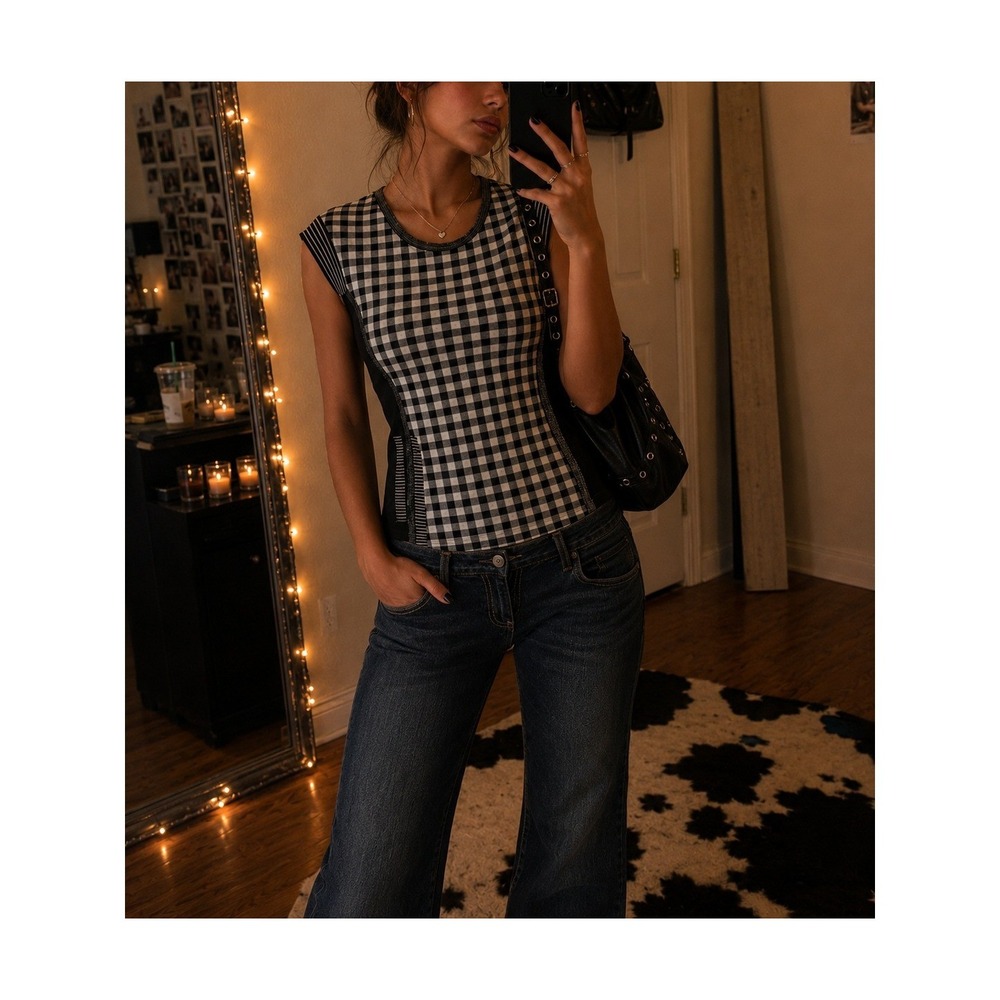 Anac by Kimi XL Top Black White Gingham Asymmetrical Mixed Media Y2K Goth Grunge